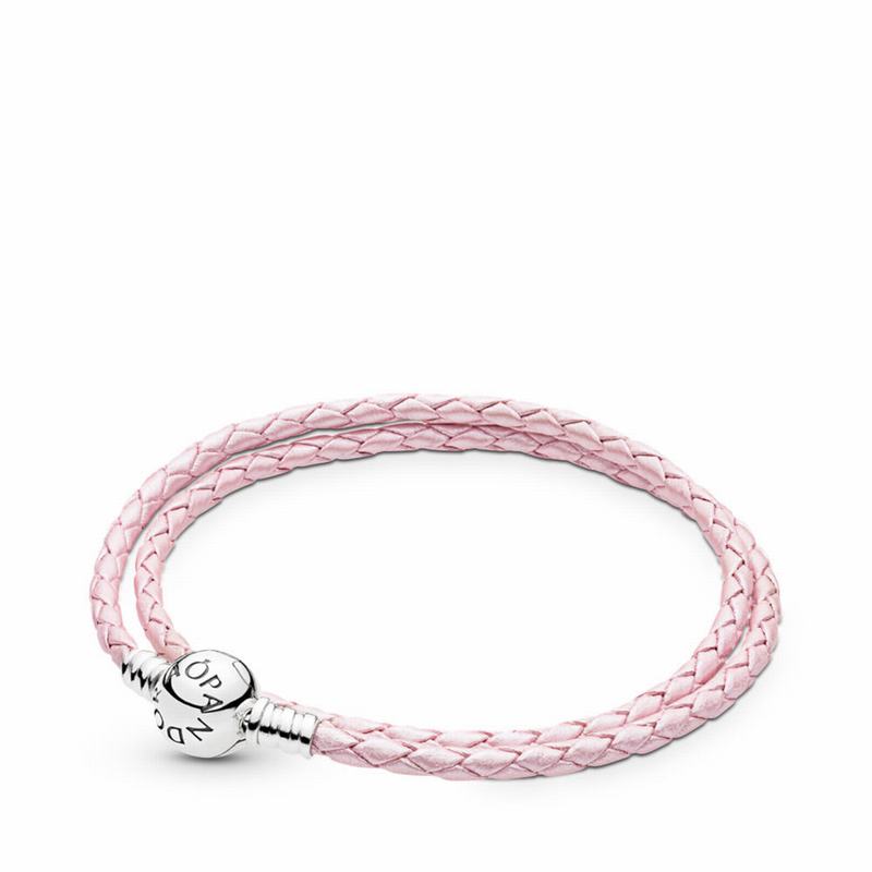 Pandora Pink Braided Double-Leather Charm Bracelet Outlet NZ, Sterling Silver (972453-BUR)